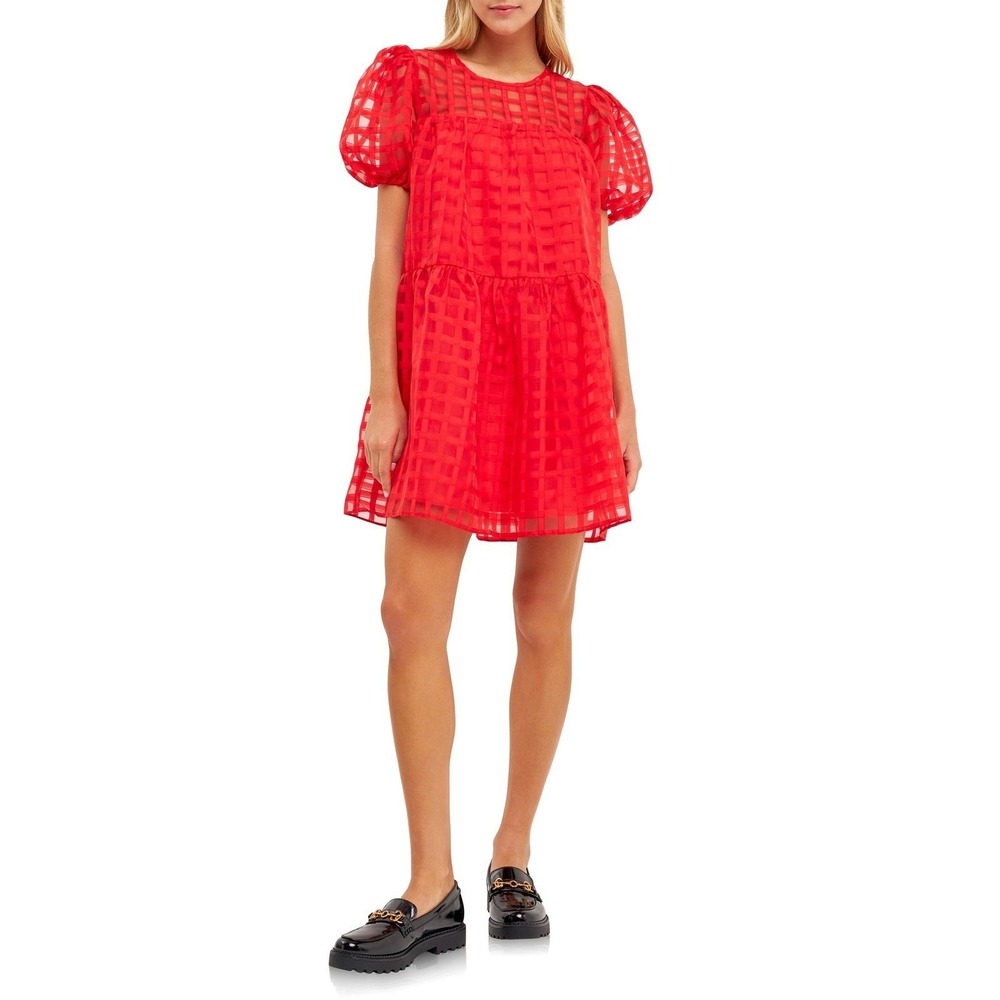 English Factory Red Grid Organza Puff Sleeve Tiered Babydoll Mini Dress S